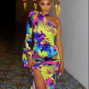 Colorful tie dye one shoulder Maxi Dress